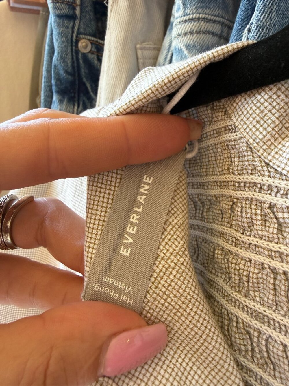 Everlane Tan Micro-Check Smocked Back Popover Shirt